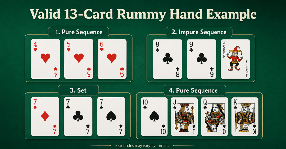 Example 13-card rummy hand showing two pure sequences, one joker-assisted impure sequence, and one same-rank set.